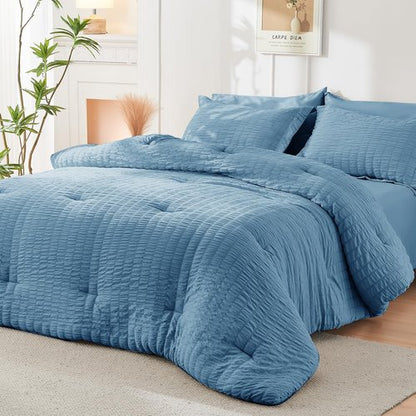 HYMOKEGE Mineral Blue Full Size Comforter Sets Seersucker 7 Pieces, All Season Luxury Bed in a Bag for Bedroom, Bedding Set with Comforter, Sheets, Pillowcases & Shams