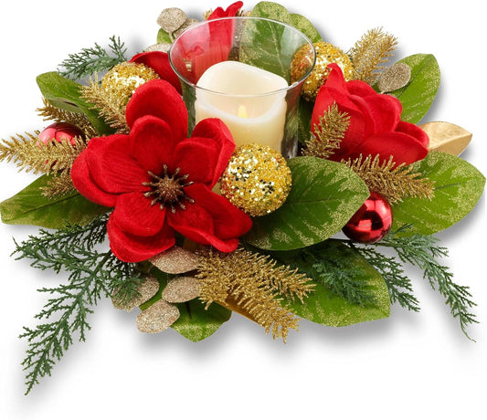 Regine Switzerland 18" Centerpiece - Flameless LED Candle Holder with Red Magnolia & Gold Baubles