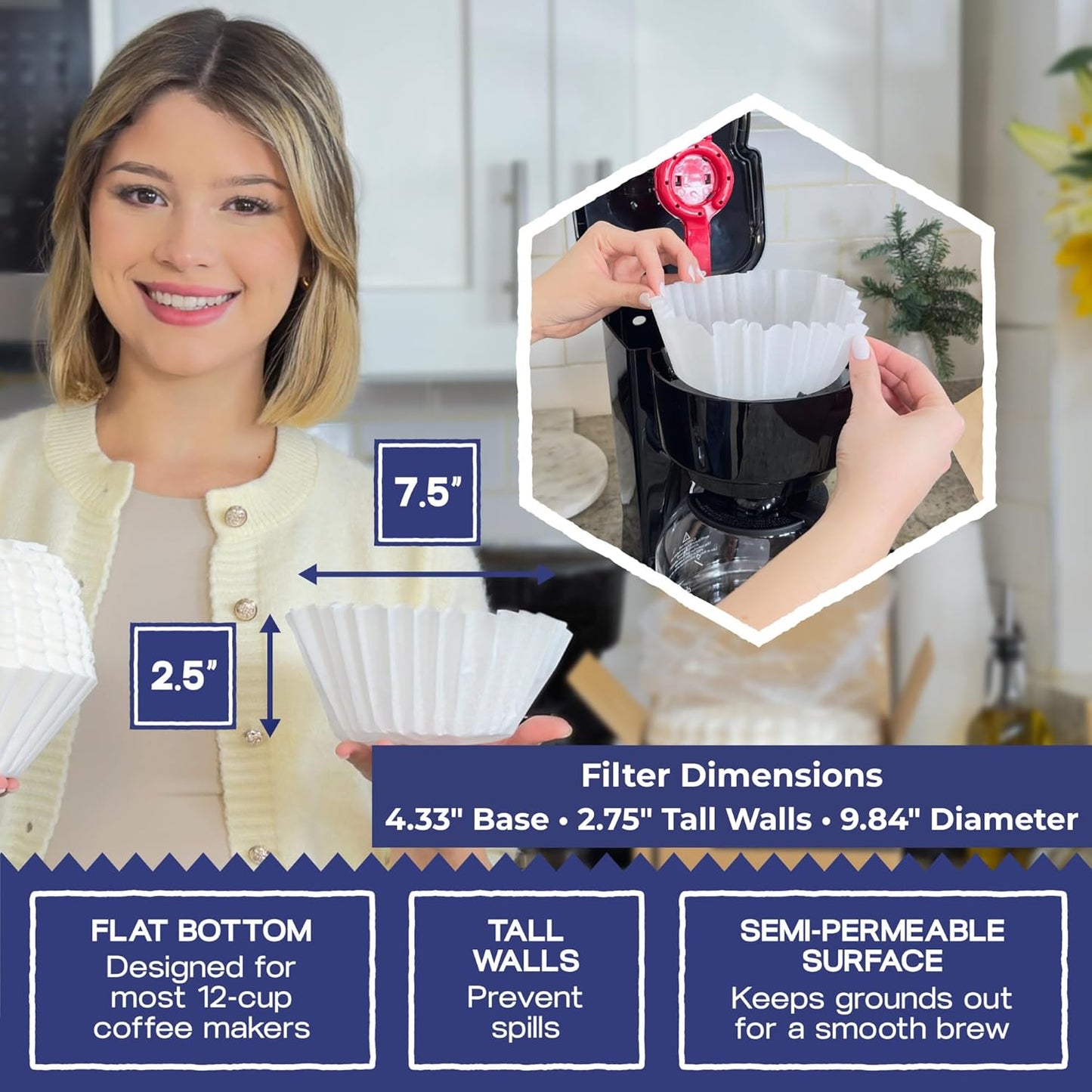 Pine & Pebble® 12-Cup Coffee Filters - 500 Count | Tall-Walled Basket Style (9.84" x 4.33") | No Grounds, No Mess | Perfect for BUNN & Standard Coffee Makers