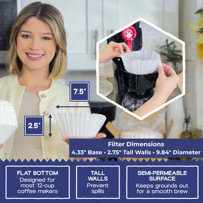 Pine & Pebble® 12-Cup Large Commercial Coffee Filters, 500 Count | Tall-Walled Basket Style (9.84" x 4.33") | No Grounds, No Mess | Fits BUNN & Standard Coffee Makers | Bulk for Cafés & Offices