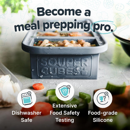 Souper Cubes 1 Cup Silicone Freezer Tray - Meal Prep Molds for Broth, Leftovers & Sauces | Charcoal - 2-Pack
