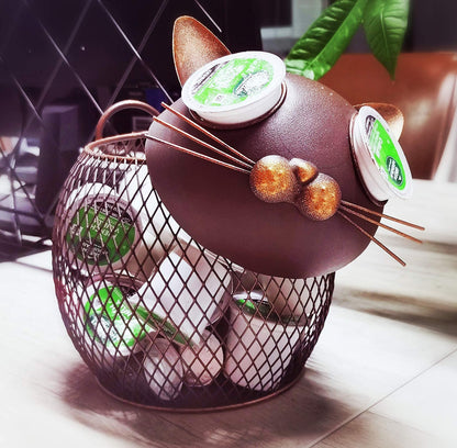 Aayla Cat K Cup Holder Metal Novelty Cat Coffee Pod Canister Large Capacity Basket Coffee Organizer for Kitchen Office and Coffee Bar