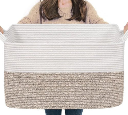Goodpick Large Blanket Basket - Woven Cotton Rope Storage Solution | 22" x 17" x 12" | White & Brown