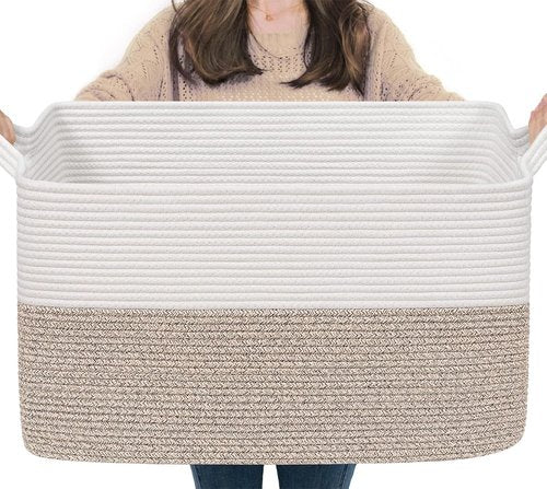 Goodpick Large Blanket Basket - Woven Cotton Rope Storage Solution | 22" x 17" x 12" | White & Brown