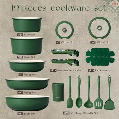 CAROTE 19-Piece Ceramic Cookware Set - Non-Stick, Non-Toxic, Detachable Handle, Induction & Dishwasher Safe, Green