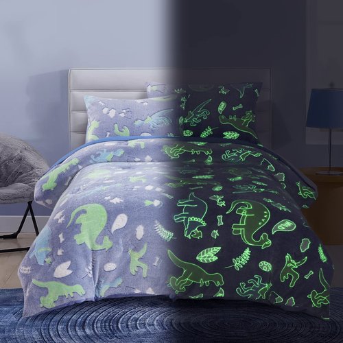 HOMBYS Glow in The Dark Comforter Set 7 Piece Full with Sheets, Blue Dinosaur Velvet Bedding Comforter Sets for Twin Bed, Ultra Soft Down Alternative Comforter for Boys Kids, Bed in a Bag