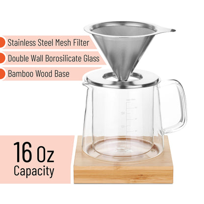 Brew To A Tea BTaT- Pour Over Coffee Maker Set, Double Wall Glass, 16 oz, Drip Coffee Maker, Permanent Filter, Coffee Maker Pour Over, Manual Coffee Maker, Coffee Pour Over, Dripper