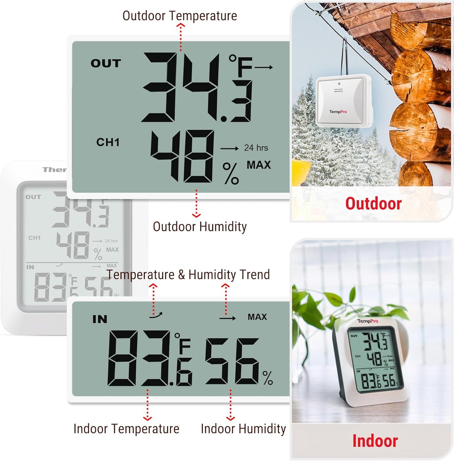 TempPro TP60 Digital Hygrometer - Wireless Temperature & Humidity Monitor | 500ft Range, Indoor/Outdoor Use