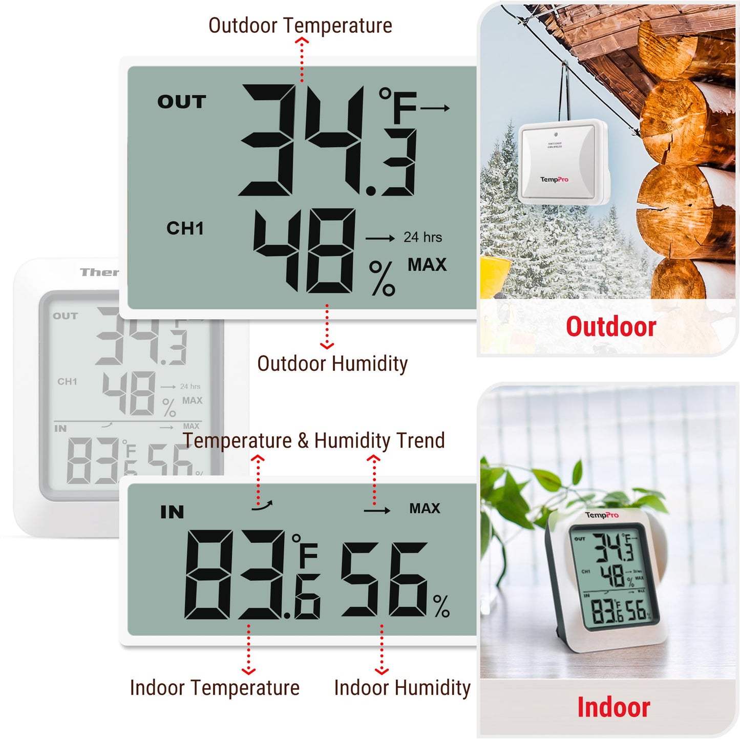 TempPro TP60 Digital Hygrometer Outdoor Thermometer Wireless Temperature and Humidity Gauge Monitor Room Thermometer with 500ft/150m Range Humidity Meter Temperature Indicators (Previously ThermoPro)