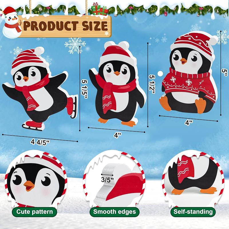 Red Penguin Christmas Decorations Set of 3 — Wooden Tiered Tray Blocks for Desk, Shelf, Home or Office