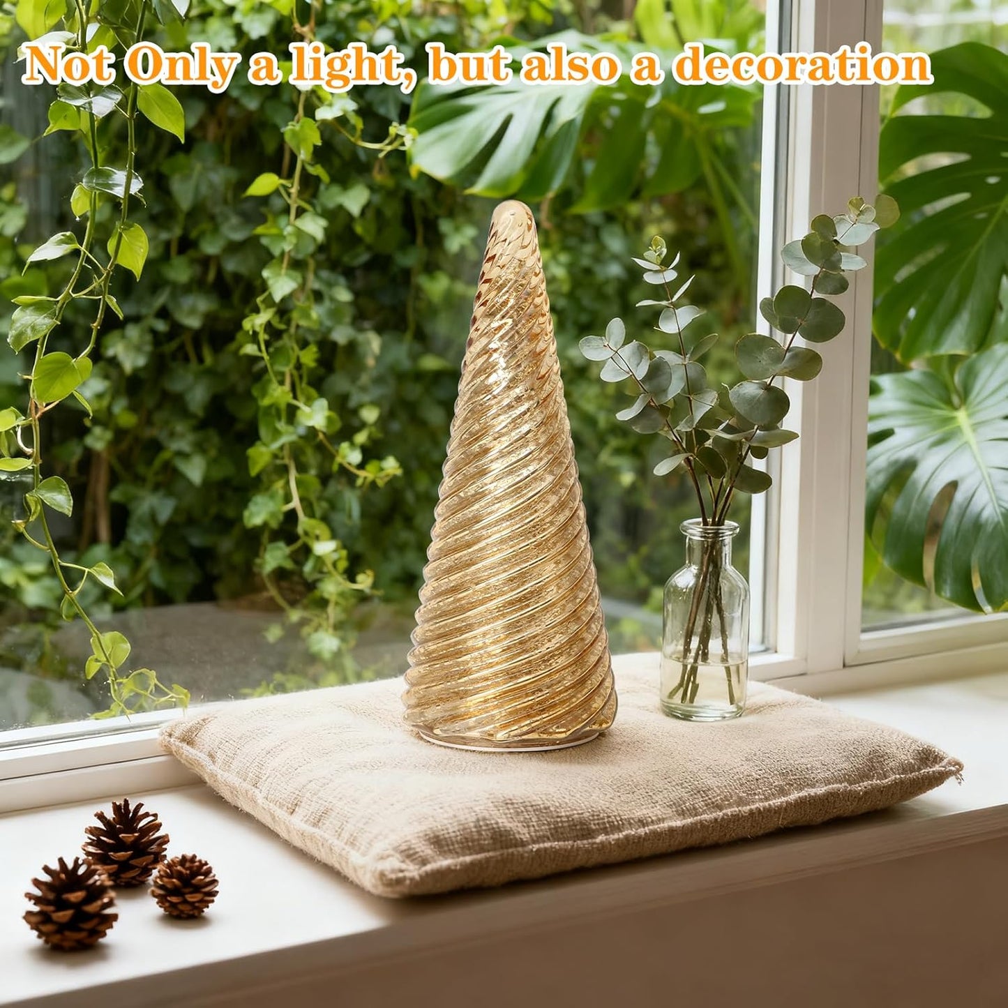 Mercury Glass Christmas Tree Decorations - LED Light Tabletop Decor for Home | Battery Operated with Timer