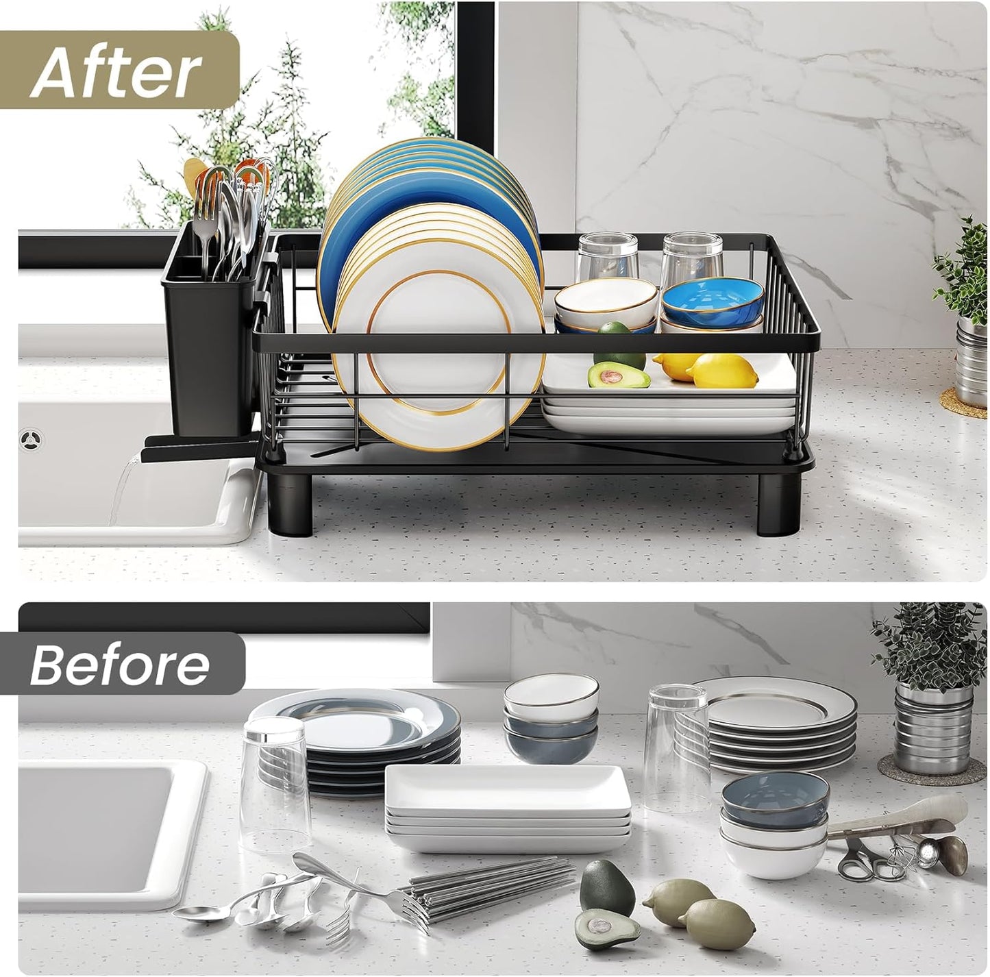 SNTD Dish Drying Rack - Stainless Steel Space-Saving Kitchen Rack with Utensil Holder | 11" W x 15" L (Black)