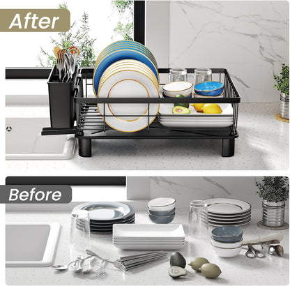 SNTD Dish Drying Rack - Stainless Steel Space-Saving Kitchen Rack with Utensil Holder | 11" W x 15" L (Black)