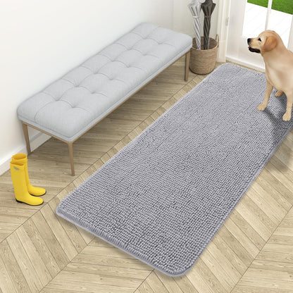 OLANLY Dog Door Mat - Absorbent Non-Slip Washable Chenille for Muddy Paws | 54x24 Light Grey Indoor Entryway Carpet