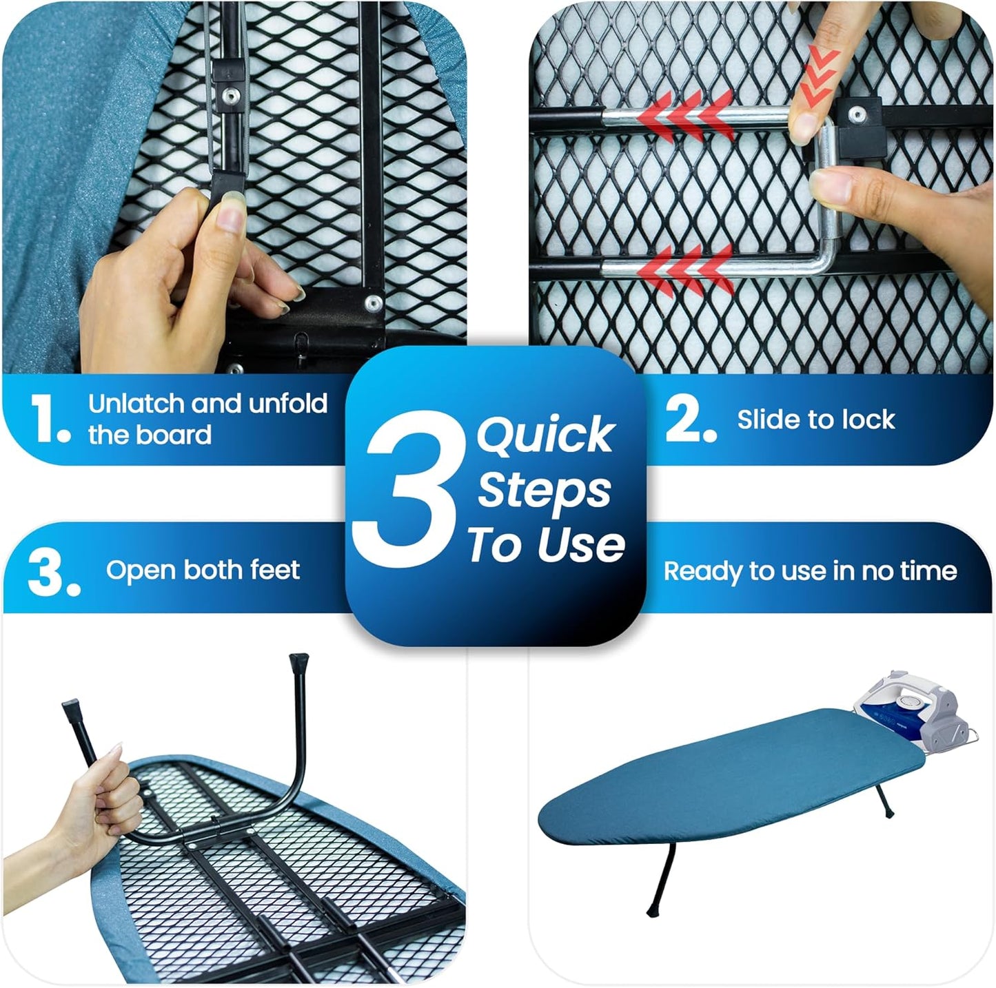 Skiennix Metal Mesh Panel Ironing Board - Foldable Heavy-Duty Design with Heat-Resistant Cover & 100% Cotton Pad (Blue)