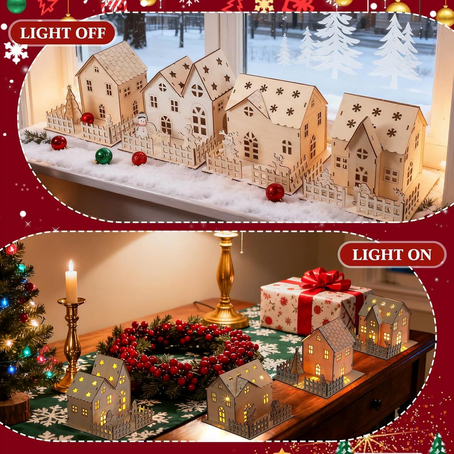 Qunclay Light Up Christmas Village Set - 4 Unfinished Wooden Houses for Holiday Crafts & Decorations