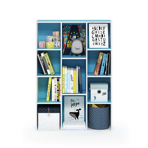 Furinno LUDER Book Shelf, 11-Cube Bookshelf, Reversible Bookcase, 9.4 x 29.1 x 41.7, Easy Assembly, for Living Room, Bedroom, Home Office, White/Light Blue