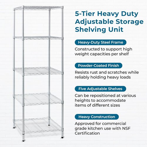 Honey-Can-Do Heavy-Duty 5-Tier Metal Storage Rack - Adjustable Shelves | 250 lb Capacity, White, 18" W x 24" L x 72" H