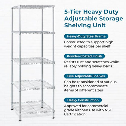 Honey-Can-Do Heavy-Duty 5-Tier Metal Storage Rack - Adjustable Shelves | 250 lb Capacity, White, 18" W x 24" L x 72" H