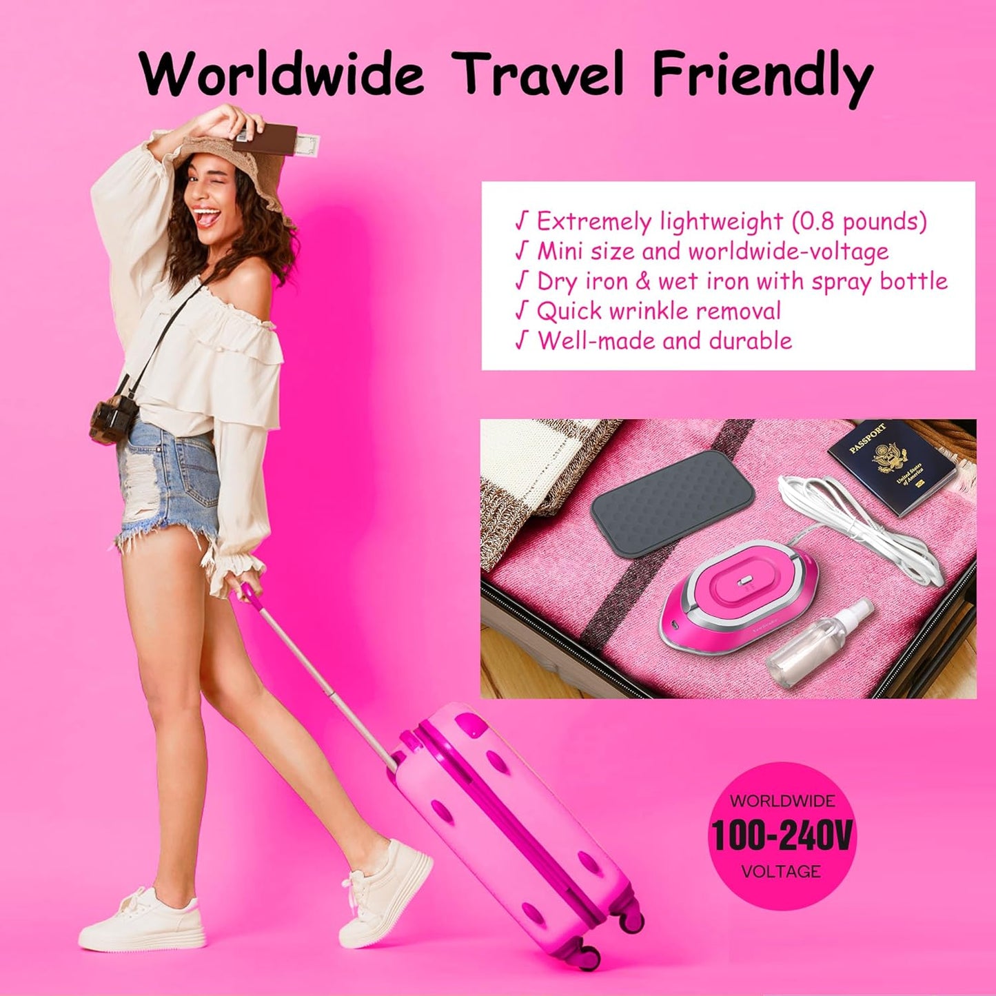 Newbealer Travel Iron - Mini Dry Iron with Global Voltage, 100-240V, 300W, Non-Stick Soleplate | Hot Pink, Ultra-Lightweight