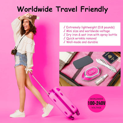 Newbealer Travel Iron - Mini Dry Iron with Global Voltage, 100-240V, 300W, Non-Stick Soleplate | Hot Pink, Ultra-Lightweight