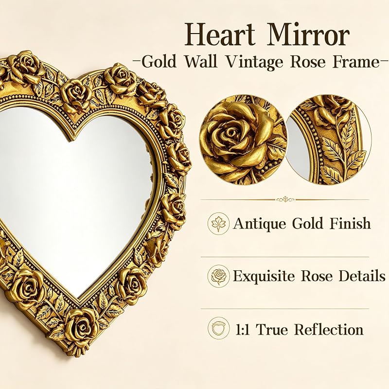 Antique Gold Heart Mirror with Rose Frame – Wall Decor 13 x 12.2 inches