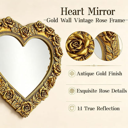 Antique Gold Heart Mirror with Rose Frame – Wall Decor 13 x 12.2 inches