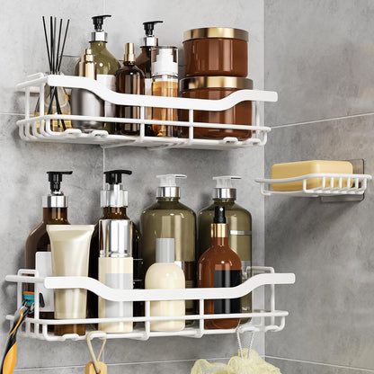OMAIRA Shower Caddy - 3-Pack Adhesive Organizer with Soap Holder for Smooth Walls & Glass Tiles, White