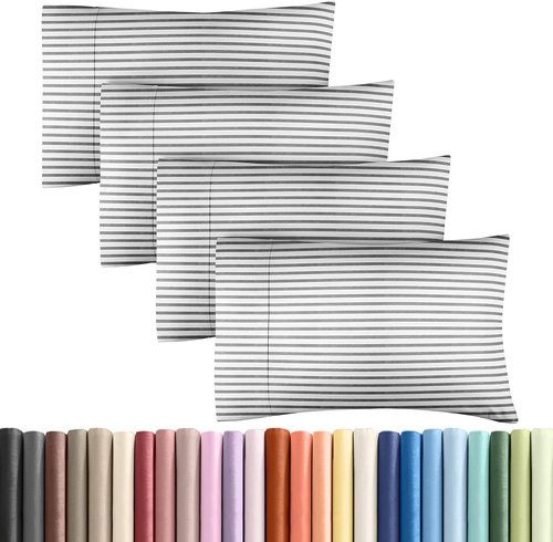 King Pillow Cases by [Brand Name] - Ultra Soft Hotel Quality - 4 Piece Set in Grey Stripes - Wrinkle Free & Machine Washable