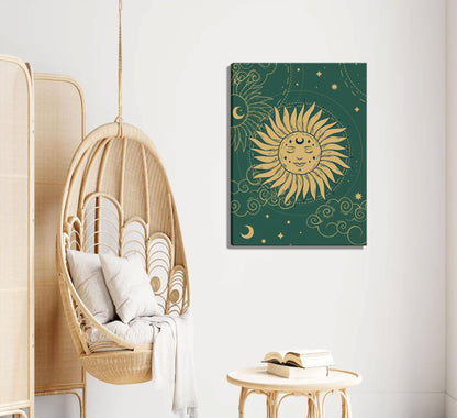 2pcs Fantastic Celestial Sun and Moon Wall Art Pictures, Astrology Posters Prints, Gold and Green Canvas Paintings, Tarot Cards Bohemian Wall Decor Medieval European Bedroom Decor, Living Room