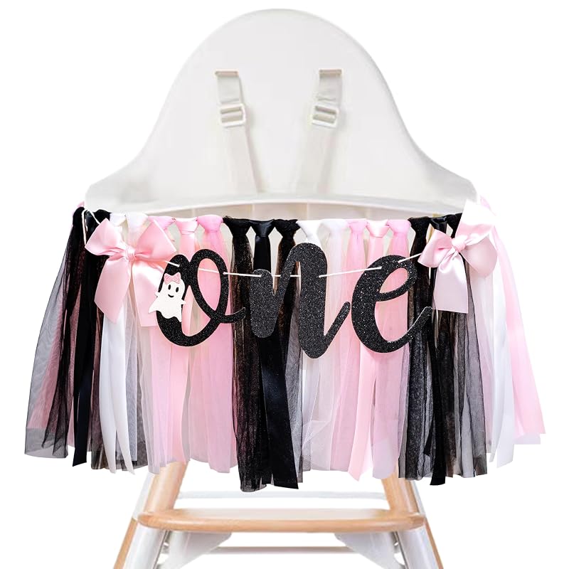 Halloween Ghost One High Chair Banner with Pink, Black & White Tulle Skirt