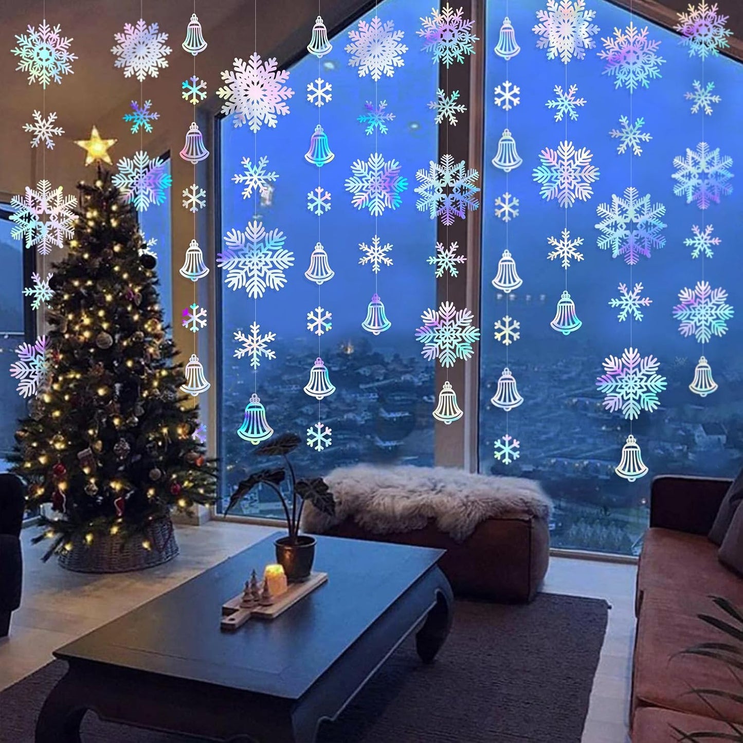 Skiennix 40 Ft Snowflakes Party Decorations - Iridescent Holographic Garland for Winter Wonderland Decor