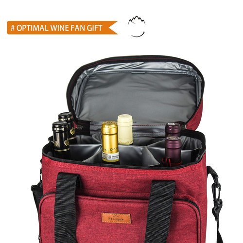 Freshore® Insulated Wine Carrier 6 bottle Bag Tote Removable Padded Divider - Portable Travel Padded Cooler Carrying Canvas Case Adjustable Shoulder Strap - (Passion Red)