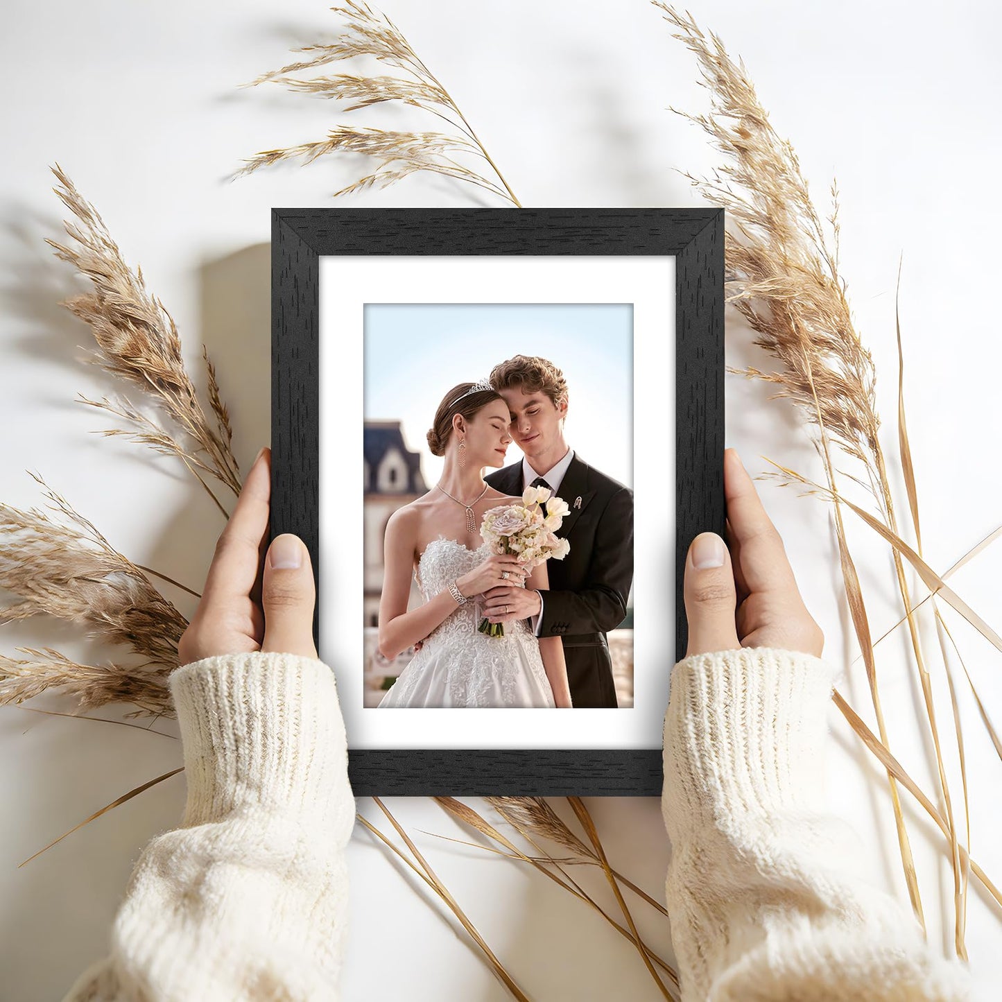 Veelot 8x10 Picture Frame Set of 6 with Shatter-Resistant HD Plexiglass - Use as 5x7 Frame with Mat or Display 8x10 Photo Without Mat - Thin Border Picture Frames for Tabletop Display Black