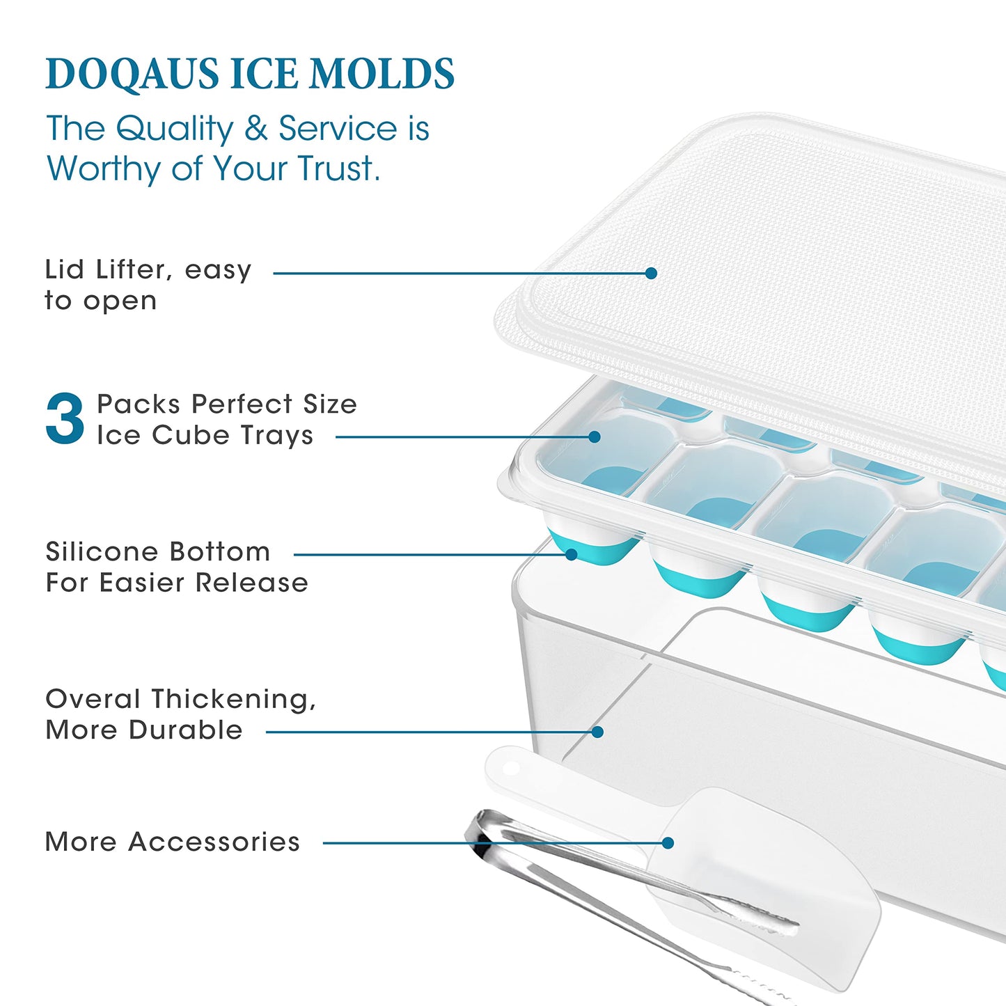 DOQAUS Ice Cube Tray with Lid and Bin, 3 Pack Silicone Plastic Ice Cube Trays for Freezer with Ice Box, Ice Trays with Ice Container, Stackable Ice Tray with Storage Ice Bucket,Ice Tong,Ice Scoop