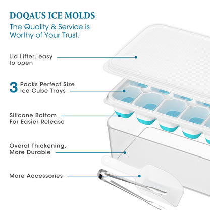 DOQAUS Ice Cube Tray with Lid and Bin, 3 Pack Silicone Plastic Ice Cube Trays for Freezer with Ice Box, Ice Trays with Ice Container, Stackable Ice Tray with Storage Ice Bucket,Ice Tong,Ice Scoop