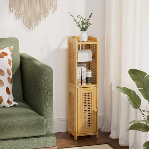 AmazerBath Toilet Paper Holder Cabinet, Bamboo Toilet Paper Holder Stand for Bathroom, Small Toilet Paper Storage Cabinet with Rattan Door, 30.3x7.8x7 inches