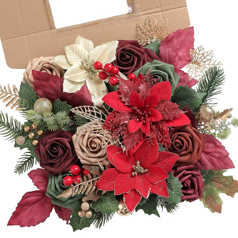 Red Poinsettias Christmas Artificial Flower Combo Set with Pine Stems & Gold Leaves - Rongflower Variation Chrismas Red Gold