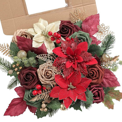 Red Poinsettias Christmas Artificial Flower Combo Set with Pine Stems & Gold Leaves - Rongflower Variation Chrismas Red Gold