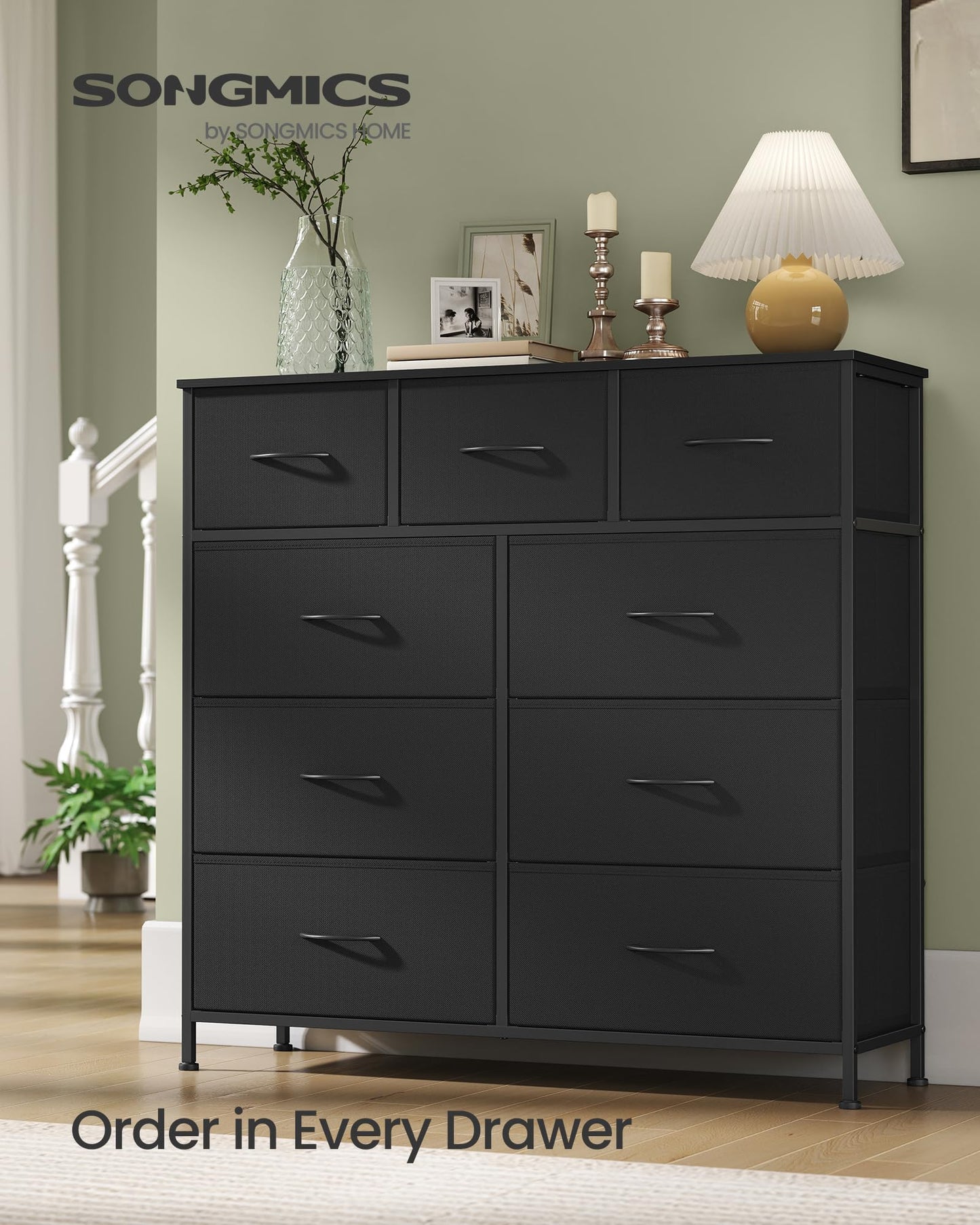 SONGMICS Dresser for Bedroom, Chest of Drawers, Steel, MDF, 9 Non-Woven Fabric Drawers, Storage Organizer Unit, Closet, Entryway, Ink Black and Ebony Black ULGS324B01S