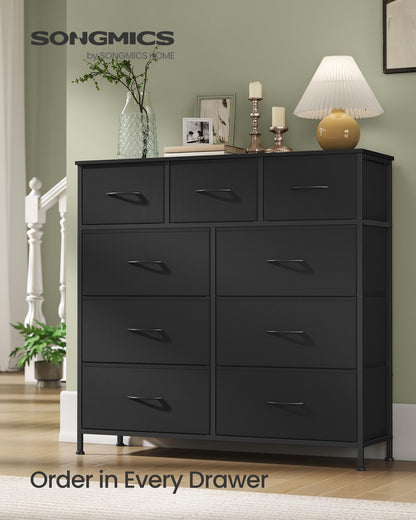 SONGMICS Dresser for Bedroom, Chest of Drawers, Steel, MDF, 9 Non-Woven Fabric Drawers, Storage Organizer Unit, Closet, Entryway, Ink Black and Ebony Black ULGS324B01S