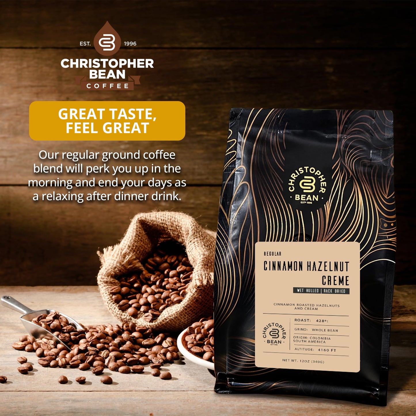 Christopher Bean Coffee - Cinnamon Hazelnut Crème Flavored Coffee, (Regular Whole Bean) 100% Arabica, No Sugar, No Fats, Made with Non-GMO Flavorings, 12-Ounce Bag of Regular Whole Bean coffee