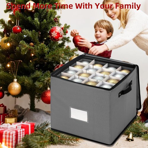 Inin Christmas Ornament Storage Box - Adjustable Dividers & Zippered Top | Holds 64 Balls, Gray with Tray