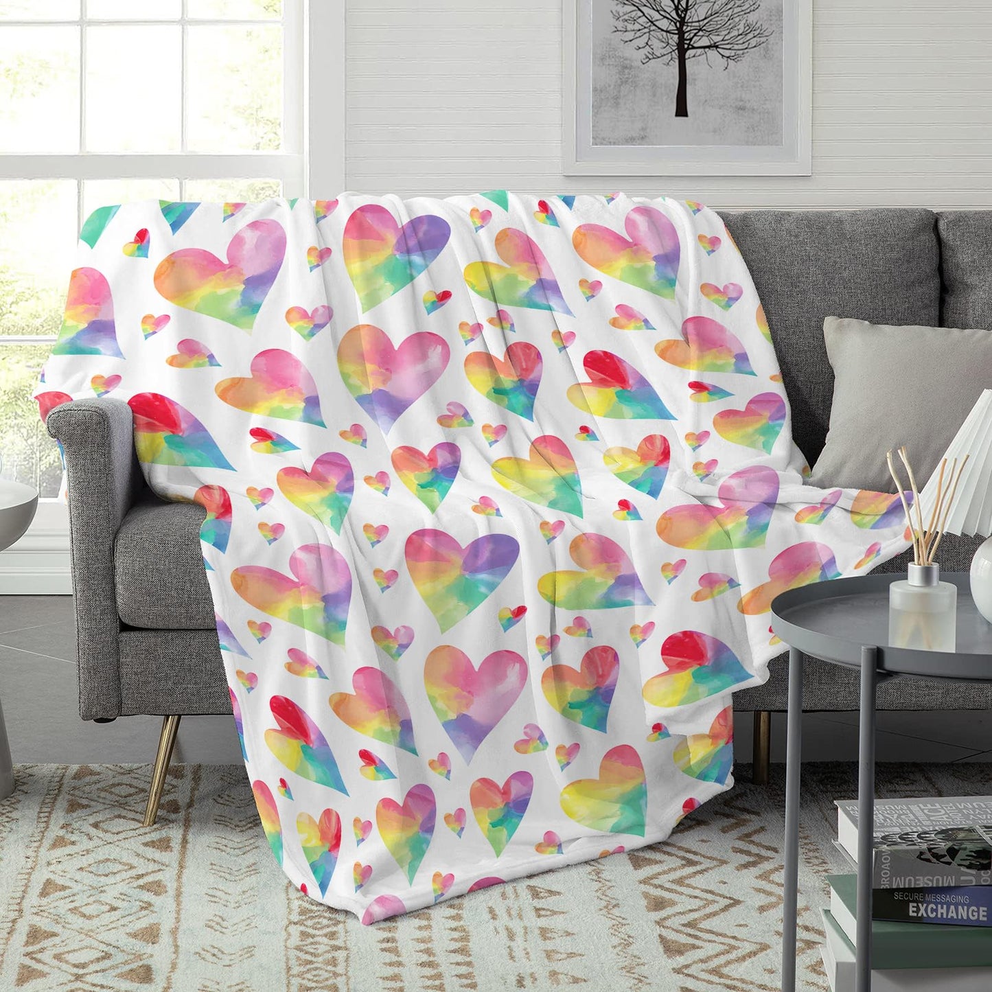 Valentine's Day Blanket Love Heart Throw Blanket for Couch Sofa Couple Blanket Colorful Love Heart Pattern Boys Girls Lovers Rainbow Heart Shaped Soft Flannel Fleece Blanket 40X50 Inches