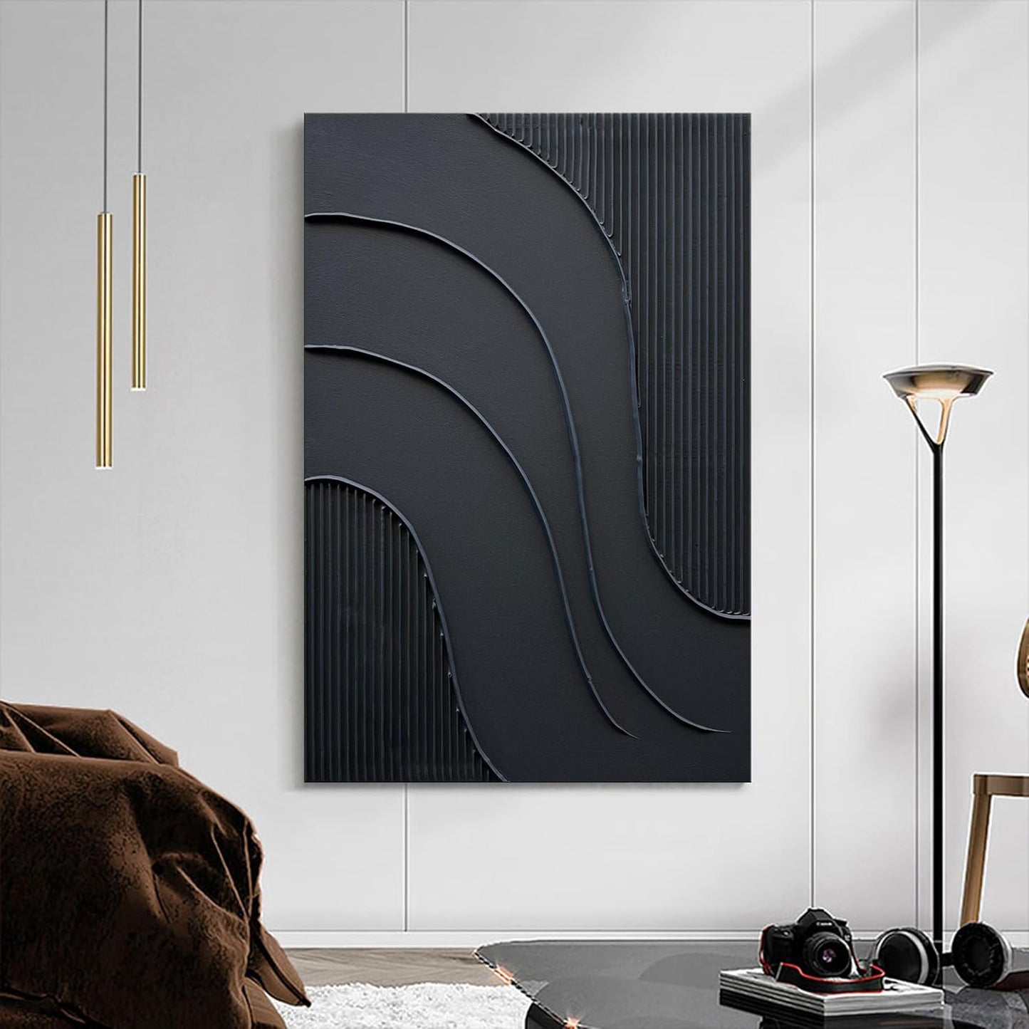 NANKAI Hand-Painted Black Minimalist Oil Painting - 24x36 Inch Abstract Wall Art for Home Decor