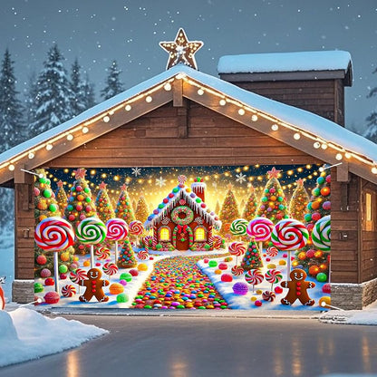 Nuxovilar Christmas Garage Door Cover 6x13 Ft - Polyester, Reinforced Grommets, Double-Sided Graphics, Variation hd05159