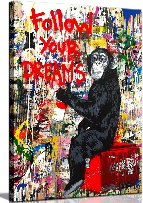 Banksy Canvas Art - Inspirational Graffiti Monkey Wall Decor for Living Room | 24"x16" Framed Print
