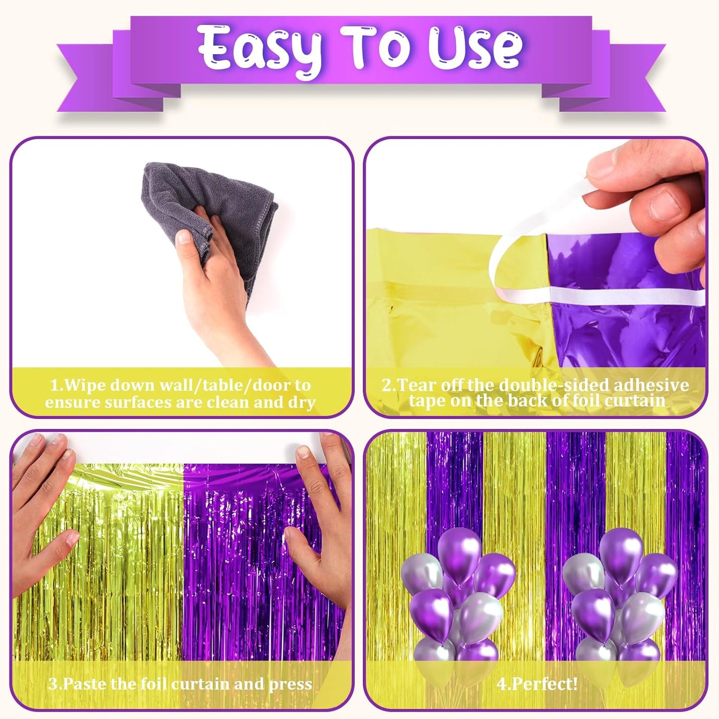 Voircoloria Purple and Gold Foil Fringe Backdrop Curtains - 3 Pack Tinsel Streamers for Parties