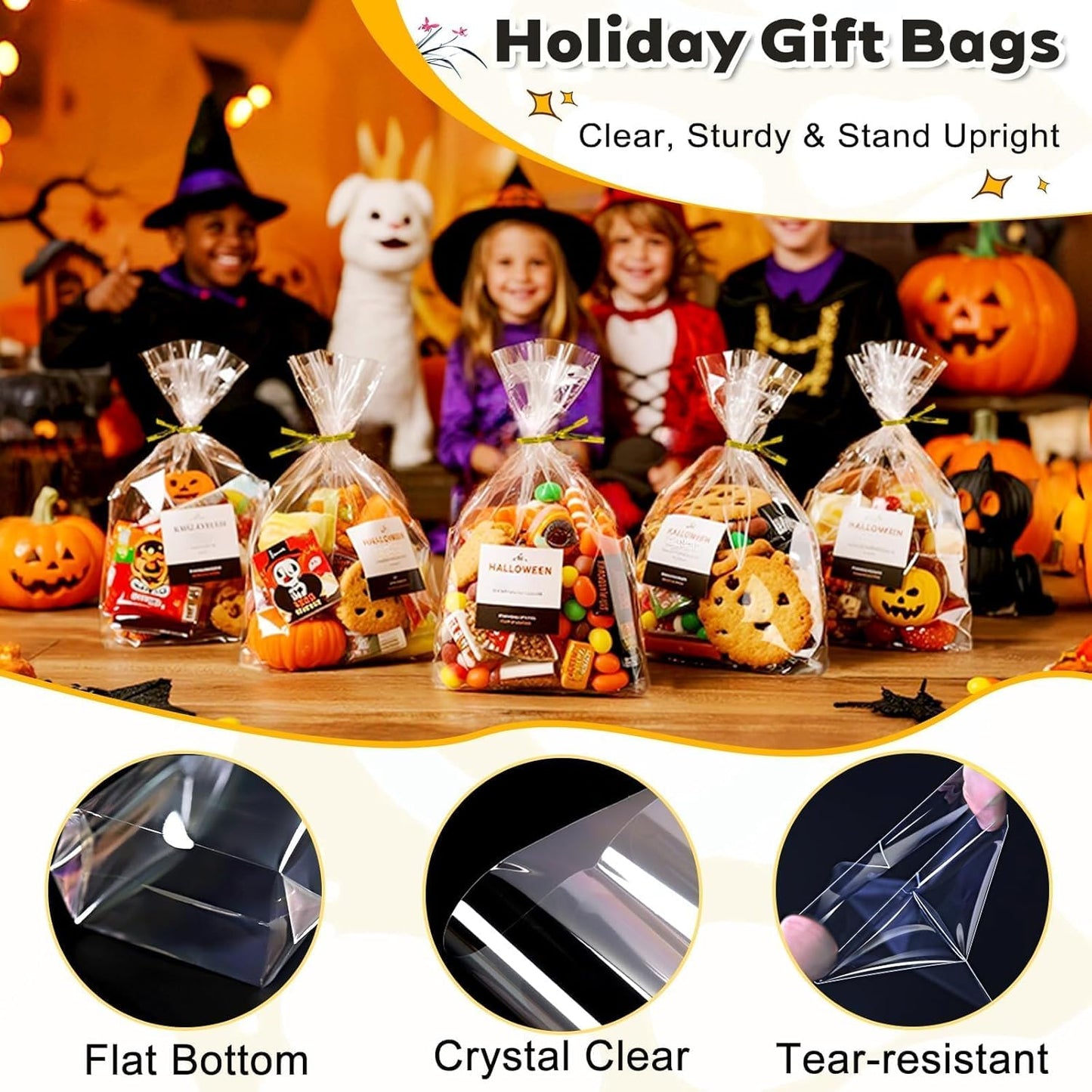 PigPotParty Cellophane Treat Bags 6x9 Inch, 50 Pack Clear Goodie Bags with Bottom Gusset for Stand-Up Display, Small Plastic Gift Wrap for Cookies, Candy, Party Favors, Popcorn, Includes 50 Gold Ties