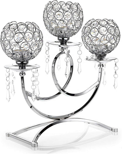 OwnMy Crystal Candle Holders - Elegant 3-Arms Tealight Candelabra for Weddings & Home Decor | Silver